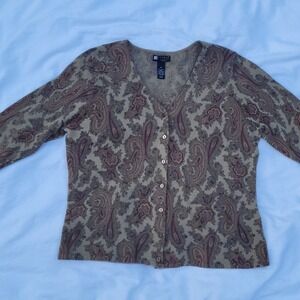 CAROLE LITTLE Woman 1X Brown Wool Paisley Cardigan Buttons L-Slv Sweater V-neck